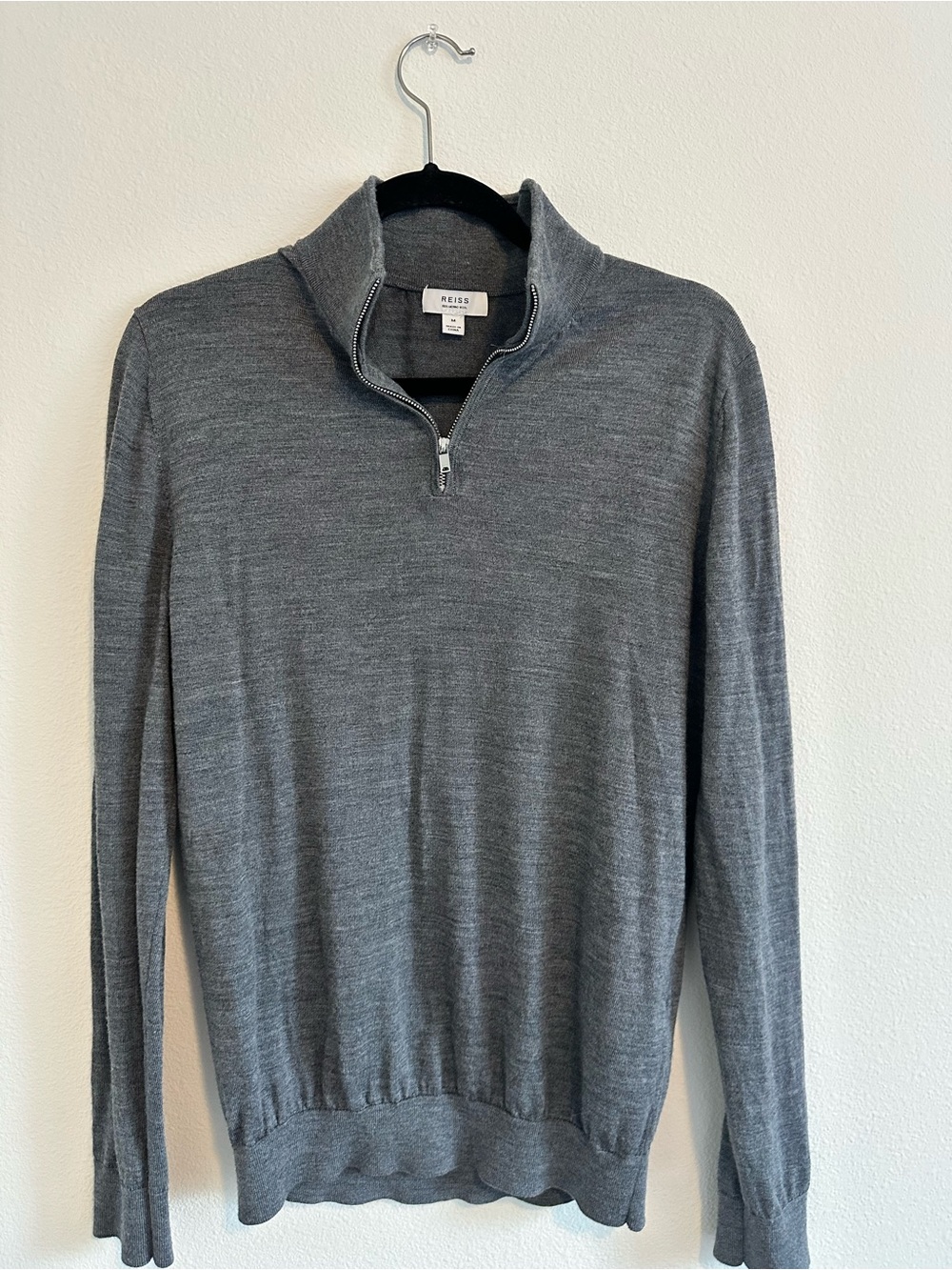 REISS Men's Merino Wool Gray Quarter-Zip Sweater Size M